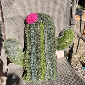 Handmade Crochet Green Cactus Pillow w Pink Flower, desert decoration, boho